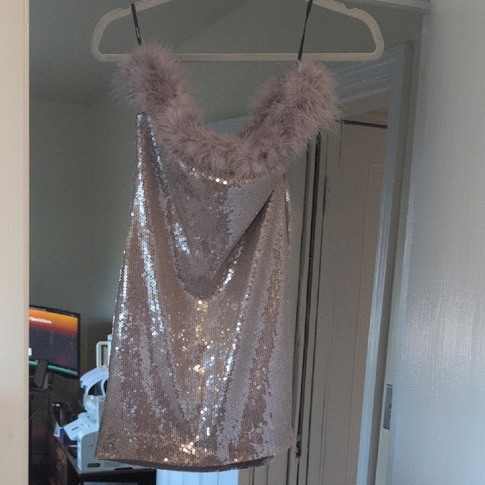 Silver Sequin Dress with Faux Fur Trim